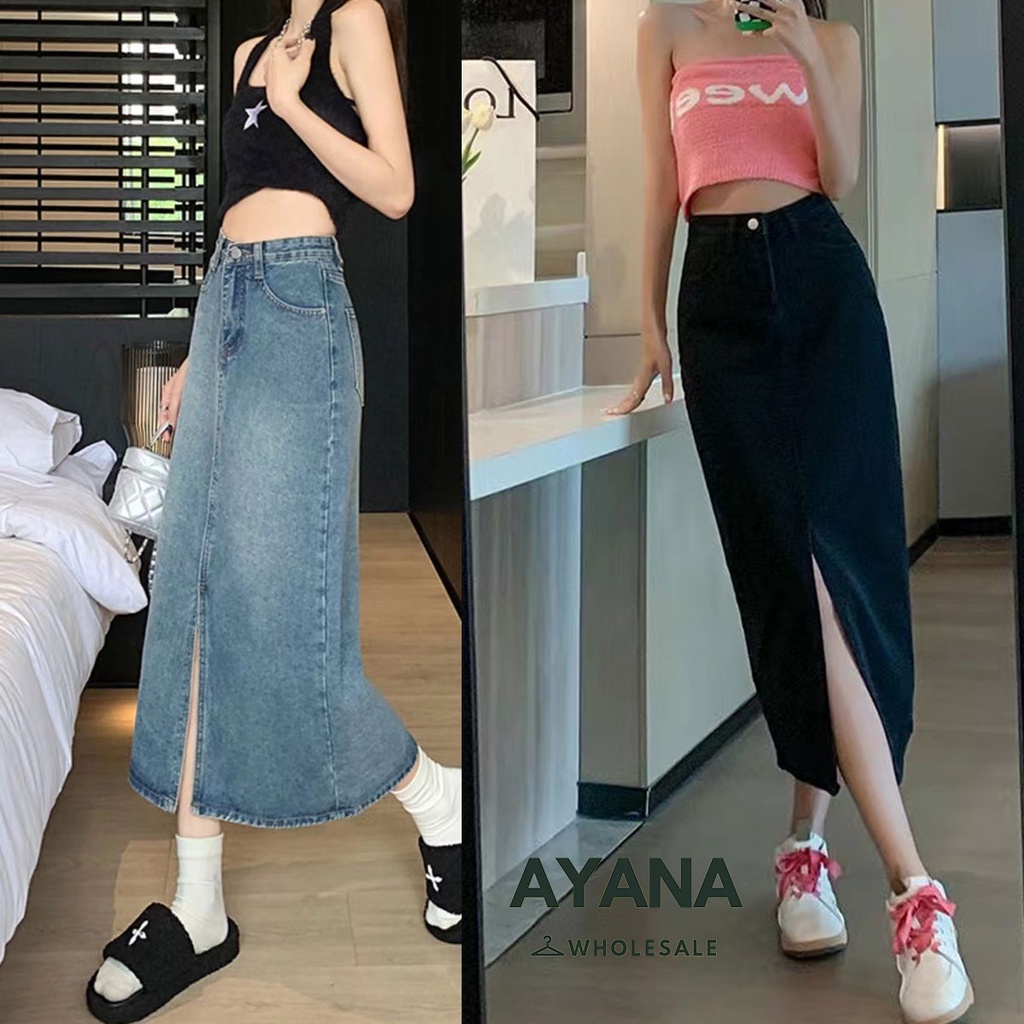 สไตล์เกาหลี วินเทจ กระโปรงยีนส์ยาว สีฟ้า แฟชั่นฤดูร้อน สําหรับผู้หญิง