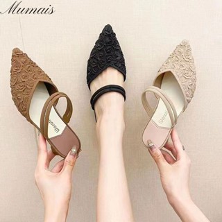 Mumais Sandals summer fashion low heel solid color outerwear Baotou pointed flat sandals