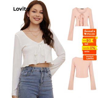 Lovito เสื้อยืดแขนกระดิ่ง คอวี ผ้าถัก เรียบง่าย L20D119 (สีขาว)