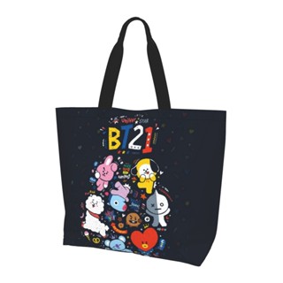 Bt21 กระเป๋าช้อปปิ้ง กระเป๋าสะพายไหล่ กระเป๋าถือ ผ้าแคนวาส ขนาดใหญ่ พับได้ ใช้ซ้ําได้ ล้างทําความสะอาดได้ สําหรับผู้หญิง