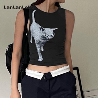 Lanlanlolo เสื้อกล้ามลําลอง คอกลม แขนกุด พิมพ์ลาย ทรงสลิมฟิต สําหรับสตรี 2023