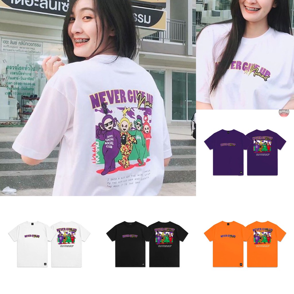QCเสื้อยืดทุกวันกระเป๋า มินิเดรส 🔥เสื้อยืดสกรีนลายแนวสตรีท  NEVER GIVE UP 🔥 NOMAD 🔥 เสื้อผู้ชาย/ผู้ห