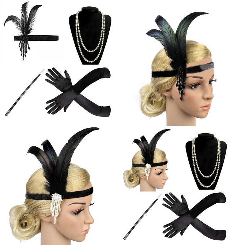 Orangesea 1920s Flapper ที่คาดผม Gatsby สร้อยคอถุงมือ Roararing 20s Flapper คอสเพลย์-