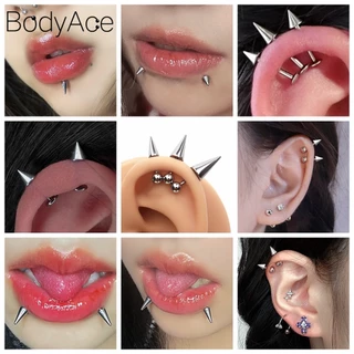 Bodyace 1 PC 16G/18G Punk ปีศาจยาว Spike Labret Lip เจาะสแตนเลสกระดูกอ่อนสตั๊ดต่างหูกรวย Conch Helix เจาะ