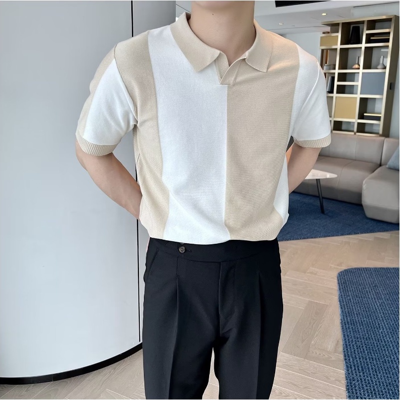 ครึ่งแขนเสื้อโปโลผู้ชายผ้าไหมน้ําแข็งถักปก Casual Stripes Contrast สี Breathable T-