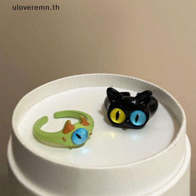 Ulo แหวนแต่งงาน รูปตาแมว ตามอนสเตอร์น่ารัก สีเขียว สองสี เครื่องประดับแฟชั่น สําหรับผู้หญิง คู่รัก