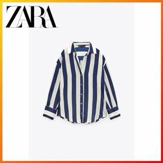 Zara ใหม่ เสื้อเชิ้ต ผ้าซาติน ผ้าไหม ลายทาง ทรงหลวม สําหรับผู้หญิง