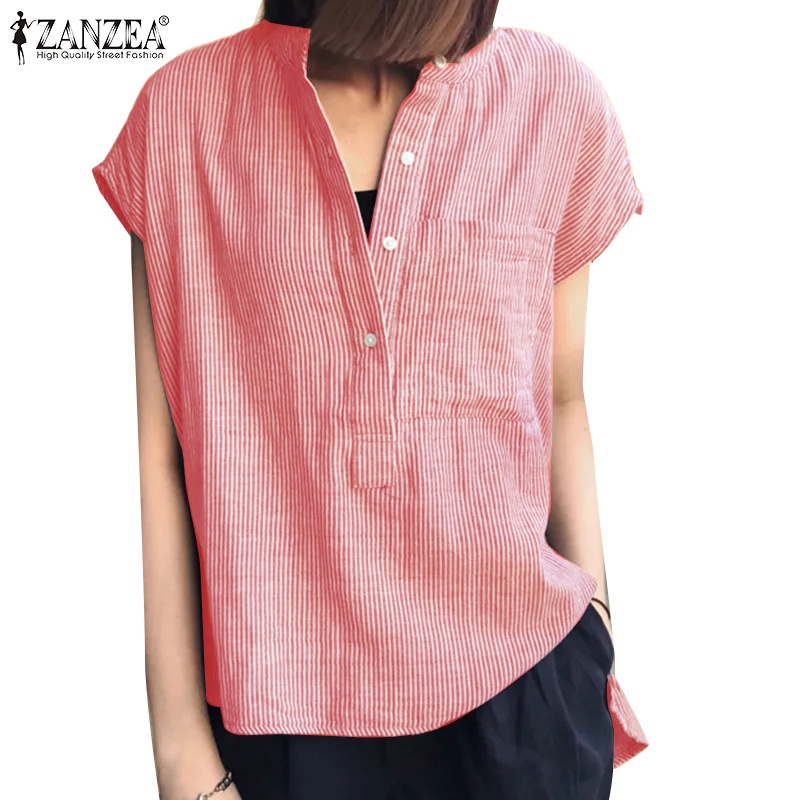 Zanzea เสื้อเชิ้ตแขนสั้นลําลองเนื้อผ้าฝ้าย ลายขวาง สไตล์เกาหลี สําหรับผู้หญิง