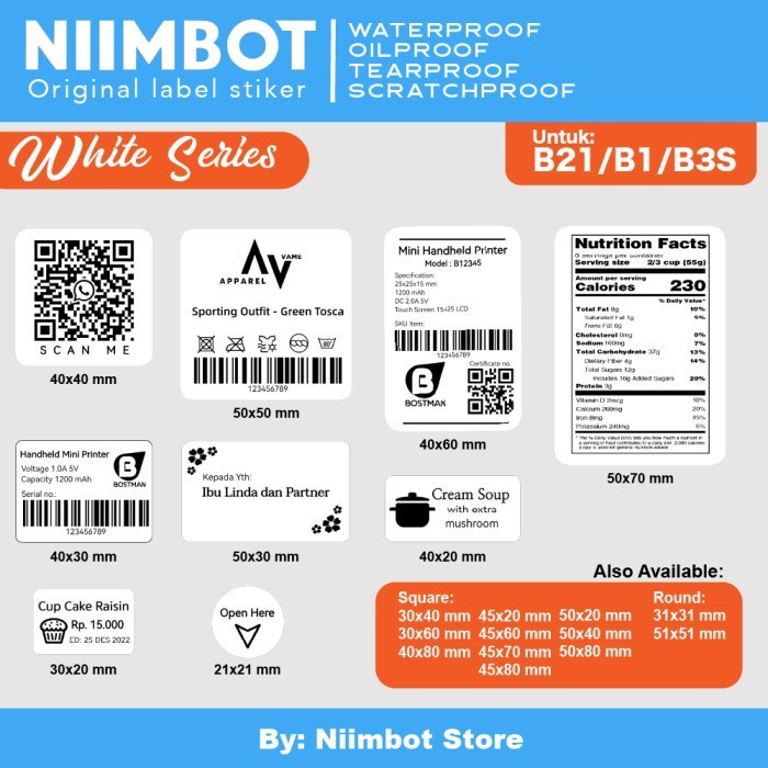 Niimbot B21 B1 B3S Sticker Thermal Refill Label - สีขาว