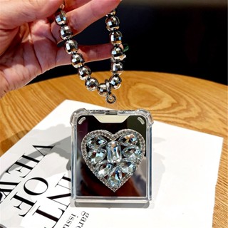 เคสโทรศัพท์มือถือกระจก กันกระแทก ประดับเพชร กลิตเตอร์ ระยิบระยับ พร้อมแหวนลูกปัด สีเงิน หรูหรา สําหรับ Samsung Galaxy Z Flip 4 3 5G ZFlip4 Zflip3