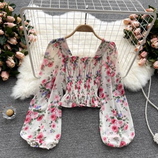 🔥เสื้อเบลาส์ แขนยาว ผ้าชีฟอง ลายดอกไม้ สําหรับผู้หญิง ทรงสลิม