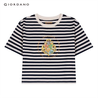 GIORDANO WOMEN เสื้อยืดครอปผู้หญิง Womens Jersey Short Sleeve Crop Stripe Printed Tee 0 05393229