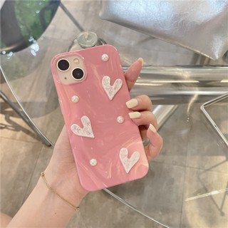 เคสโทรศัพท์มือถือซิลิโคน ลายหัวใจ ประดับมุก สีชมพู สําหรับ Apple Iphone 12 13 14 XR 11 12ProMax 13Promax XSMAX