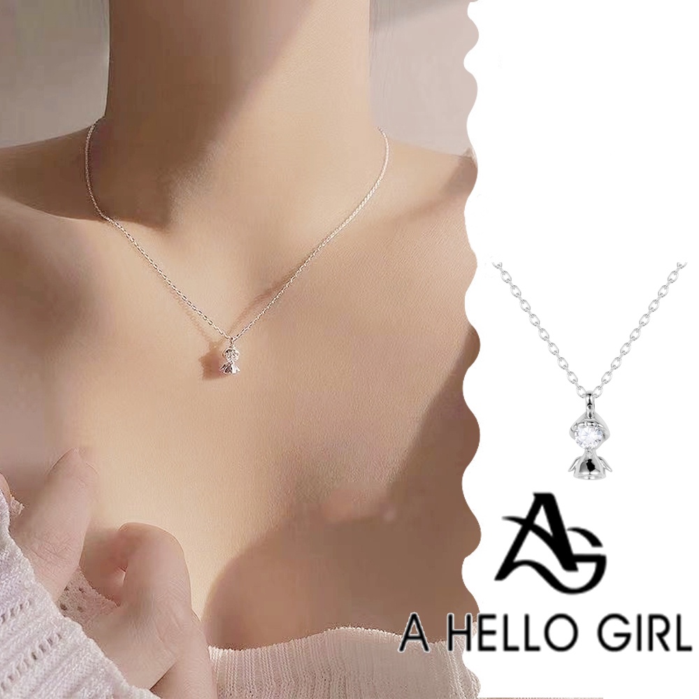 A HELLO GIRL สร้อยคอโซ่ จี้ตุ๊กตานางฟ้า ประดับเพชร ทรงกลม แบบเรียบง่าย สไตล์เกาหลี สําหรับผู้หญิง