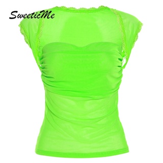 Sweeticme ใหม่ เสื้อยืดลําลอง แขนกุด คอสี่เหลี่ยม เข้ารูป สีพื้น แฟชั่นสําหรับสตรี 2023