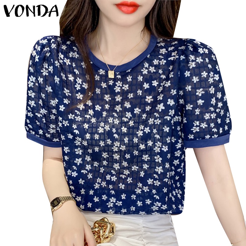 VONDA Women Korean Holiday Puff Sleeves Round Neck Floral Printing Blouses