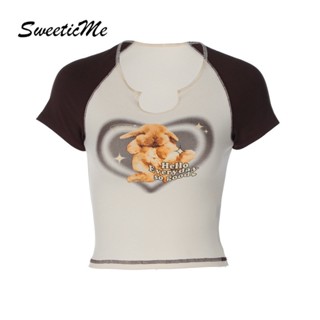 Sweeticme เสื้อยืดลําลอง แขนสั้น เข้ารูป พิมพ์ลาย สีตัดกัน เข้ากับทุกการแต่งกาย แฟชั่นสําหรับสตรี 2023