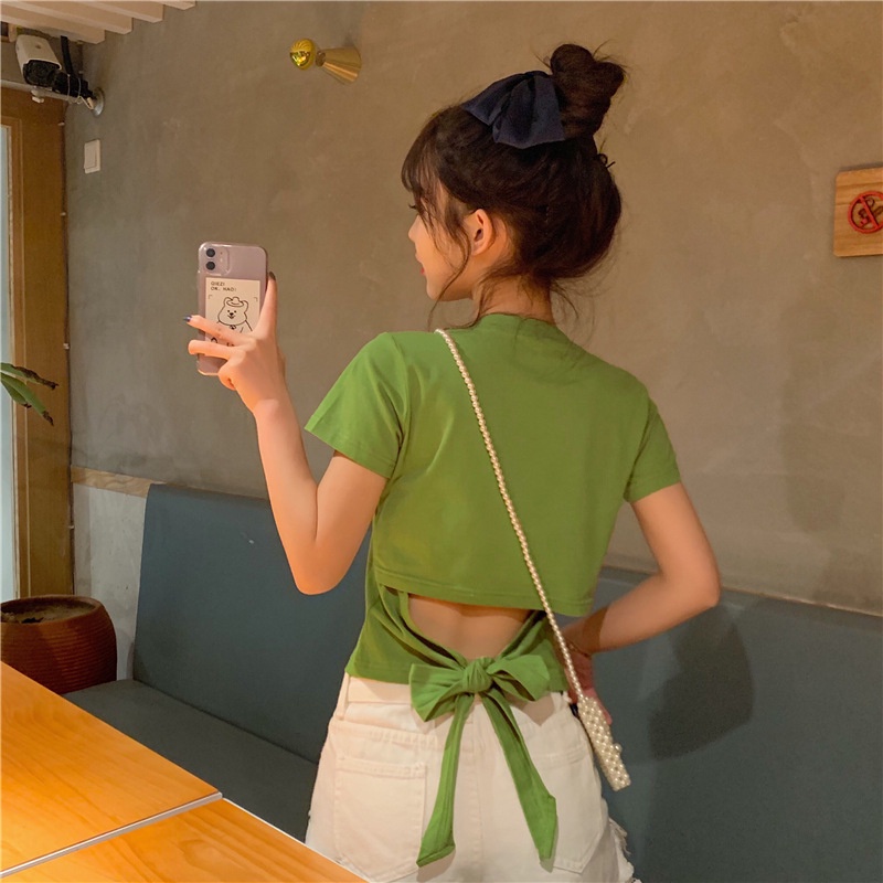 เสื้อยืดแขนสั้นประดับโบว์ แฟชั่นผู้หญิง，เสื้อครอป【9977】
