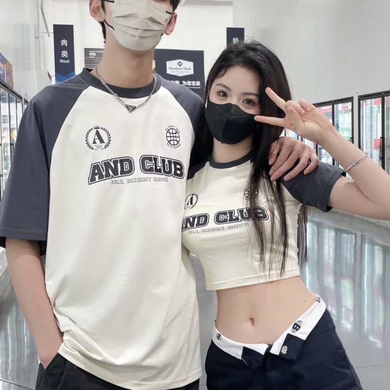 Bee สไตล์อเมริกัน ตัวอักษร การพิมพ์ หลวม ผ้าฝ้ายแท้ แขนสั้น คู่รัก เสื้อ เสื้อยืด (จัดส่ง 24 ชั่วโมง)