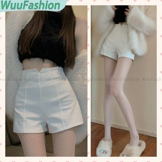 WuuFashion/ผู้หญิงขนาดใหญ่ที่มีขากว้างใส่กางเกงขาสั้นสีขาว กางเกงขาสั้นแบบ A สไตล์เล่นสบาย สูงเอว ดูผอม เหมาะสำหรับการใส่นอกบ้าน