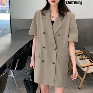 Fat MM oversized 300jin medium-long short-sleeved suit jacket loose thin casual suit dress summer 2