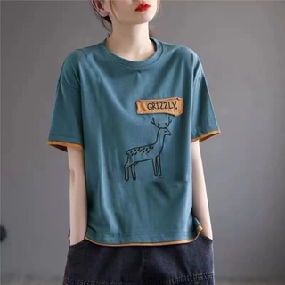 [พร้อมส่ง] เสื้อยืดแขนสั้นลําลอง คอกลม ปักลาย ทรงหลวม ขนาดใหญ่ แฟชั่นฤดูร้อน สไตล์ชนเผ่าเรโทร