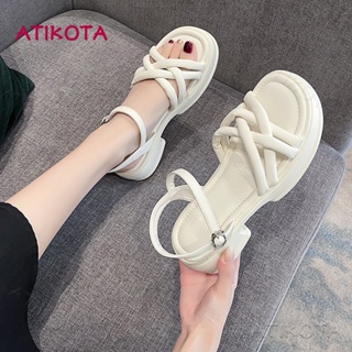 Atikota รองเท้าแตะชายหาด พื้นนิ่ม สายไขว้ ใส่สบาย สีพื้น อเนกประสงค์ แฟชั่นสําหรับผู้หญิง