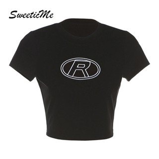 Sweeticme ใหม่ เสื้อยืดครอป คอกลม แขนสั้น ลําลอง แบบโปร่ง เข้ารูป เซ็กซี่ แฟชั่นสําหรับสตรี 2023