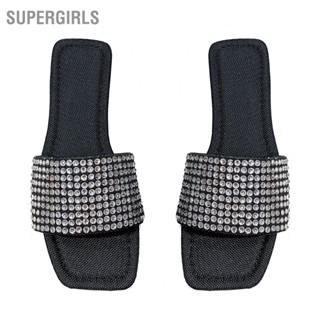  SUPERGIRLS ผู้หญิงรองเท้าแตะแบบสไลด์ Rhinestone Glitter Slip บนรองเท้าแตะแบบเปิดนิ้วเท้าสำหรับชายหาดท่องเที่ยวกลางแจ้งในฤดูร้อน