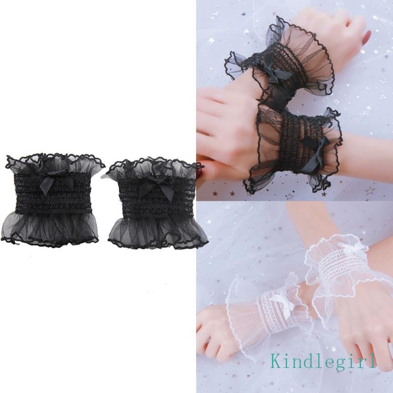 King ญี่ปุ่น โลลิต้า หวาน เชอร์เรด ยืดหยุ่น ข้อมือ สีพื้น ลูกไม้ โบ สายรัดข้อมือ อะนิเมะ มือ Sl