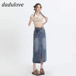 DaDulove💕 New Korean Version of INS Retro Washed Denim Skirt Niche Slit High Waist A- line Skirt Bag Hip Skirt