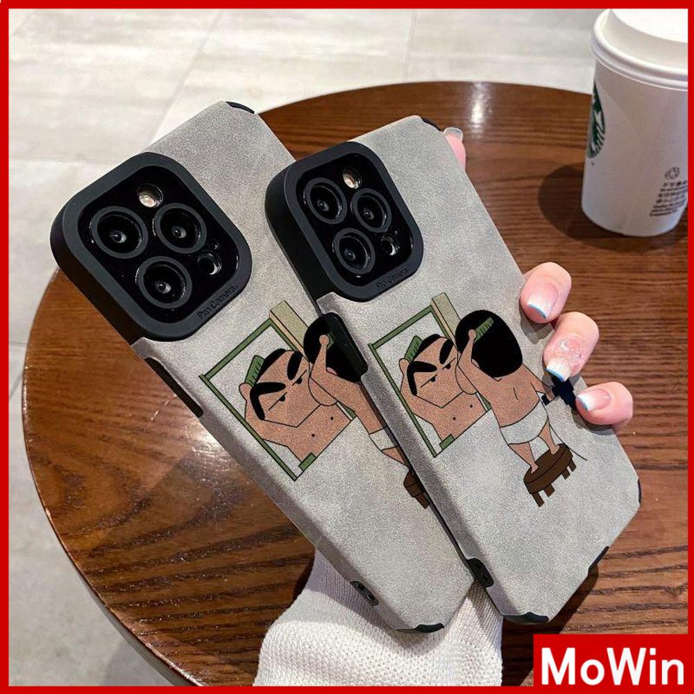 Mowin - เข้ากันได้สำหรับ 15 เคสไอโฟน11 เคส iphone 11 หนังสีเทา นักเรียนแพทช์หนังนิ่ม เคสกล้องกันกระแทกตัวการ์ตูนน่ารักเข้ากันได้กับ iPhone 13 Pro max 12 Pro Max 11 xr xs max 7Plus 8Plus