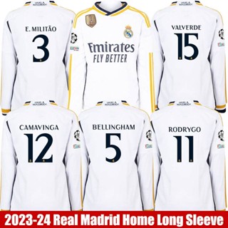 เสื้อกีฬาแขนยาว ลายทีมฟุตบอล Real Madrid Rodrygo Bellingham Militao Camavinga Valverde พลัสไซซ์ 2023-2024