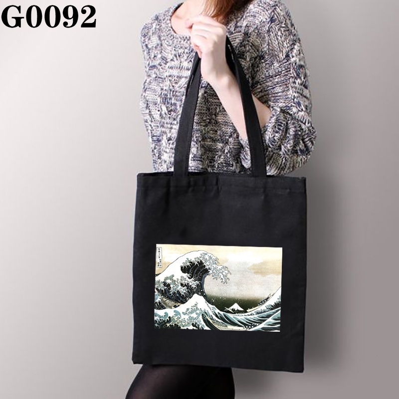 WAVE Fashion Womens Shoulder Bag Balck Ukiyo-e Style Canvas Bag Shopping Bag D2AH