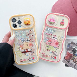 เคสโทรศัพท์มือถือแบบนิ่ม TPU มีทรายไหล แต่งกลิตเตอร์ เลื่อม ลายสพันจ์บ็อบ และแพทริก 3D พร้อมตัวเลื่อนปิดกล้อง สําหรับ iPhone 14 13 12 Pro Max 11