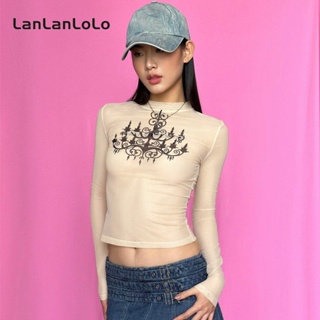 Lanlanlolo เสื้อยืดซีทรู แขนยาว คอกลม พิมพ์ลาย สําหรับผู้หญิง 2023