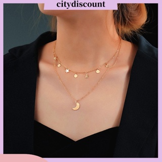 &lt;citydiscount&gt; สร้อยคอโลหะ สองชั้น จี้รูปดาว ดวงจันทร์ ปรับได้ น้ําหนักเบา เครื่องประดับ สําหรับผู้หญิง