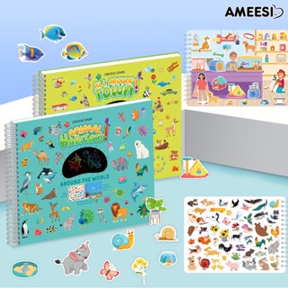 Ameesi หนังสือสติกเกอร์ ธีมสัตว์ เมือง แบบพกพา ไร้หน้าจอ ของเล่นเสริมการเรียนรู้ สําหรับเด็กวัยหัดเดิน 1 ชุด