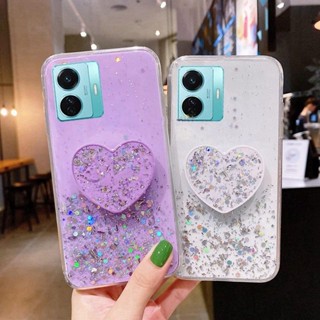 vivo Y77 Y76 Y76s Y75 Y55 T1 Y72 Y52 5G Bling TPU Case Glitter Sparkling Soft Silicone Cover Luxury Sequins Shell Crystal Protective Flexible Shiny Casing Skin + Heart Stand