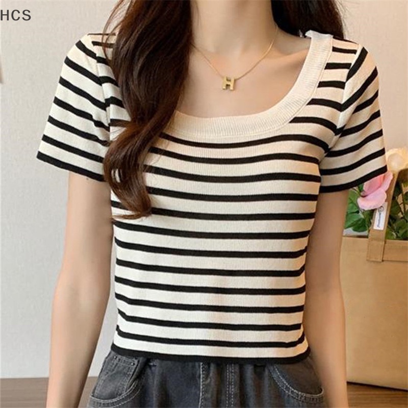 Hcs เสื้อยืด เสื้อครอปท็อป แขนสั้น ผ้าถัก คอสี่เหลี่ยม ลายทาง สไตล์วินเทจ ฤดูร้อน สําหรับผู้หญิง HC