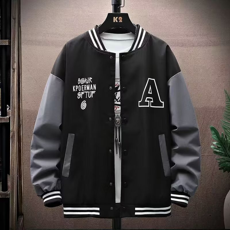 เสื้อแจ็คเก็ตเบสบอลลําลองผู้ชาย ทรงหลวม สีดำ สไตล์เกาหลี/ฮิปฮอป (COD)