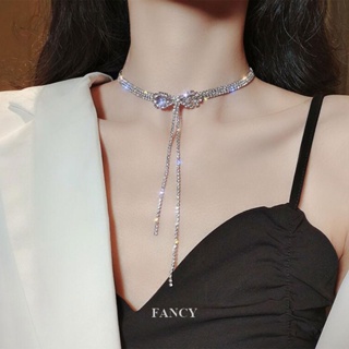 Fancy สร้อยคอโซ่ จี้โบว์ ฝังเพทาย แวววาว เครื่องประดับแฟชั่น สําหรับผู้หญิง ของขวัญวันเกิด งานแต่งงาน