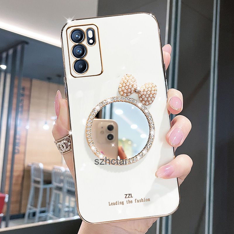 เคส oppo reno 6 reno 6 z 5g หรูหรา มุก โบว์ กระจกแต่งหน้า ชุบ ซิลิโคน เคสโทรศัพท์ นิ่ม oppo reno 6 reno 6 z 5g