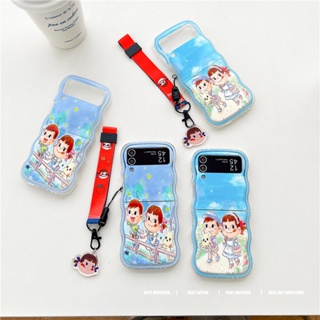 เคสโทรศัพท์มือถือเจลนิ่ม กันกระแทก ลายการ์ตูนเด็กผู้หญิงนม PEKO พร้อมสายคล้องมือ สําหรับ Samsung Galaxy Z Flip 3 4 5