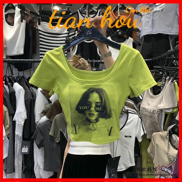 เสื้อยืดแขนสั้น คอสี่เหลี่ยม พิมพ์ลายตัวอักษร สไตล์อเมริกันเรโทร สําหรับผู้หญิง 1TLS