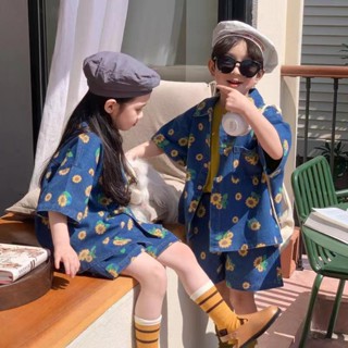 ชุดสูท ผ้ายีน พิมพ์ลาย สไตล์เกาหลี ตะวันตก ทรงหลวม สองชิ้น แฟชั่นฤดูร้อน สําหรับเด็กผู้ชาย และเด็กผู้หญิง 2023