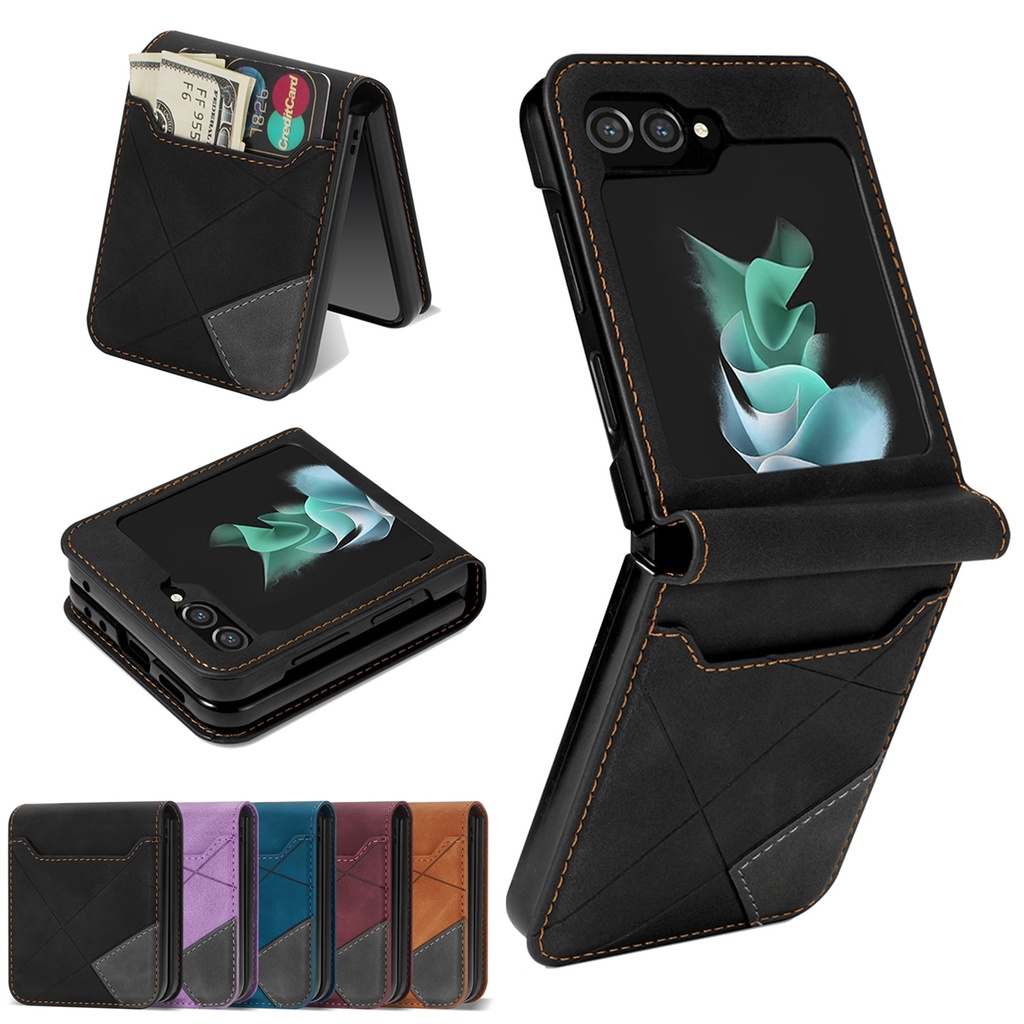 เคส Case for Samsung Galaxy Z Flip4 Flip3 Flip5 Flip 3 4 5 6 5G เคสฝาพับ เคสเปิดปิด โทรศัพท์มือถือหนัง PU แบบประกบ ฝาพับ พร้อมช่องใส่บัตร สําหรับ Splice Dual Color Retro PU Leather Case Flip Cover With Card Slot ซองมือถือ