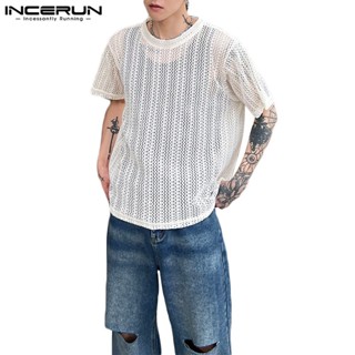 Incerun เสื้อยืด คอกลม แขนสั้น แบบสวมหัว สไตล์เกาหลี สําหรับผู้ชาย