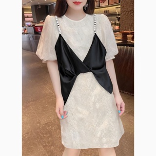 French Stitching Fake Two-Piece Puff Sleeve High-End Short-Sleeved Dress European Station 2023 Spring and Summer Womens Clothing New European Goods