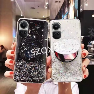 เคสโทรศัพท์มือถือซิลิโคน TPU ใส แบบนิ่ม ลายกากเพชร พร้อมกระจกแต่งหน้า และขาตั้งพับได้ สําหรับ OPPO Reno10 Pro+ Reno 10 8T 8Z 8 Pro 5G A98 A78